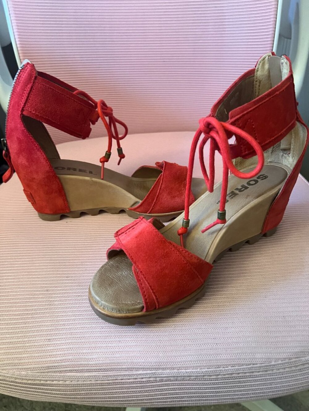 Sorel Red Suede Lace‑Up Wedge Sandals – Women’s